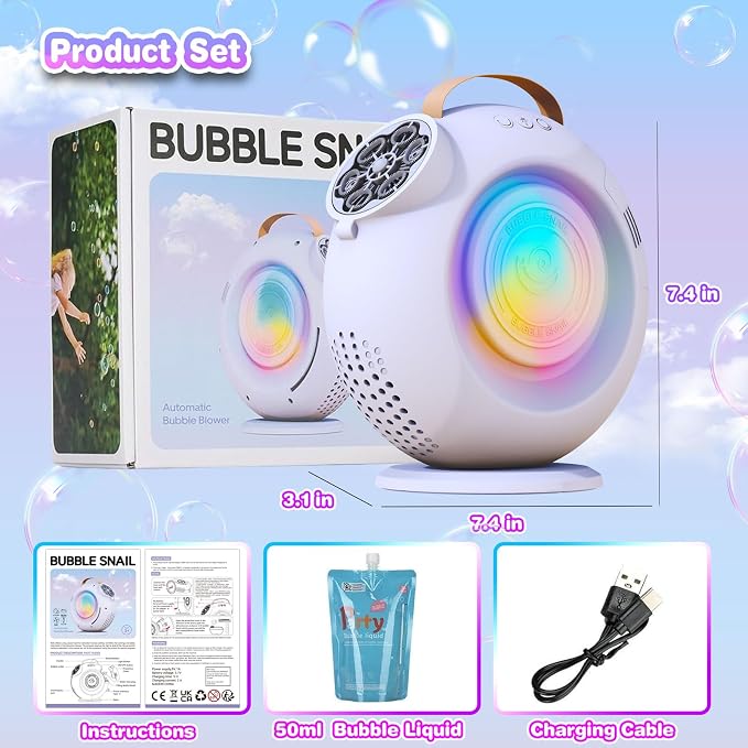 Automatic Bubble Machine for Kids & Toddlers, Rechargeable 15000+ Bubbles Per Minute with 90°/360° Rotation & LED Light - Bubble Blower for Birthday Wedding Outdoor Party Gifts