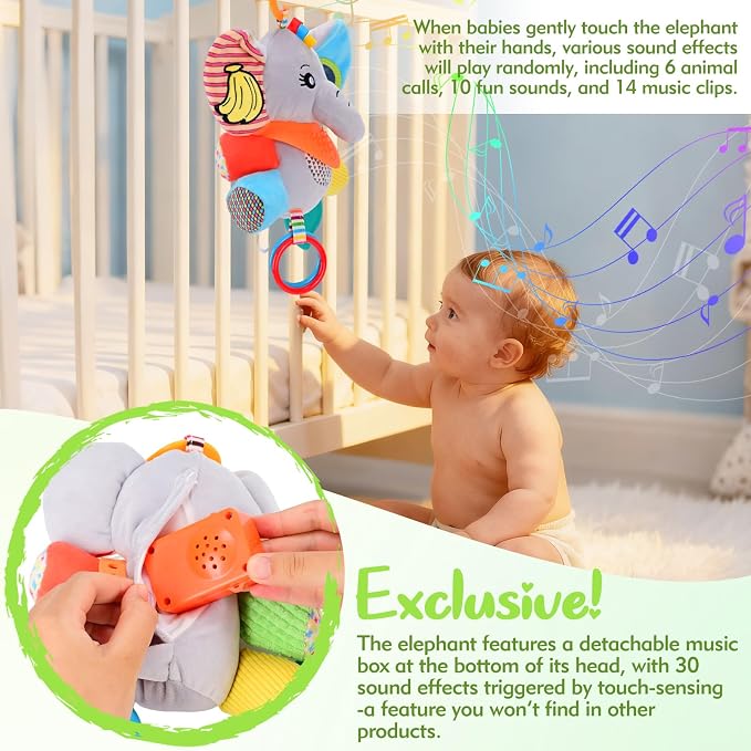 Baby Toys 0-6-12 Months: Elephant with Detachable Touch-Sensitive Sound Box (30 Sounds), Removable Bib, Teether, Rattle, BB Squeaker, Mirror | Attaches to Strollers, Car Seats, Carriers
