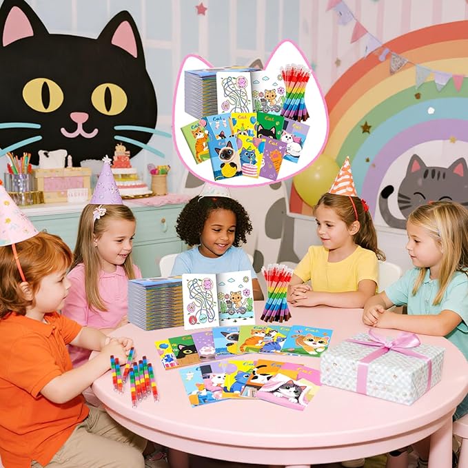 BenLouis 12 Cat Mini Coloring Books Kids with 12 Stacking Crayons Cute Kitten Small Party Favors Small Activity Books Bulk for Kids Pet Party Gift Goodie Bag Stuffers
