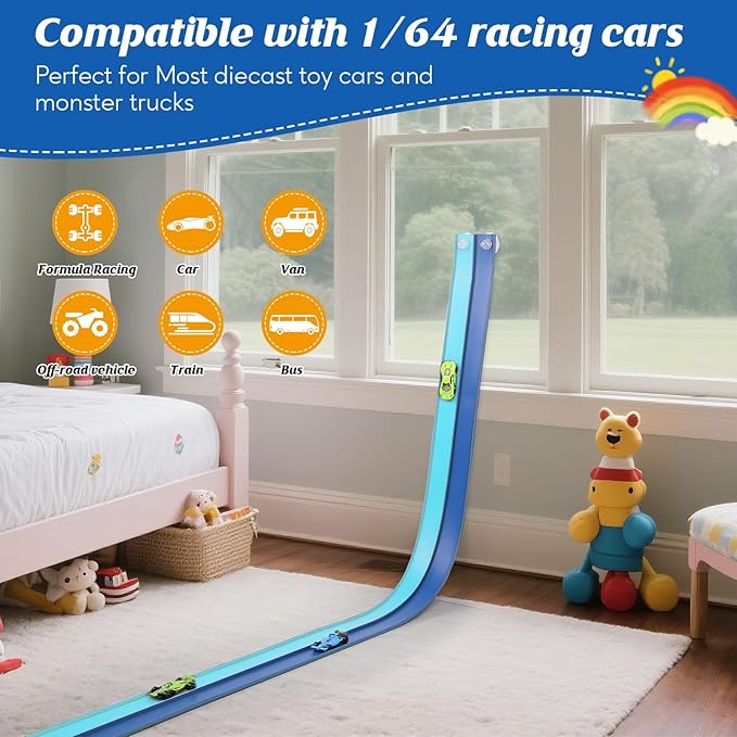 Flexible Race Car Track 15 Ft Starter Set with Suction Cups Compatible with Diecast 1/64th Car for Ages 3 & Up Classic Long Rolls Up Portable Racetrack
