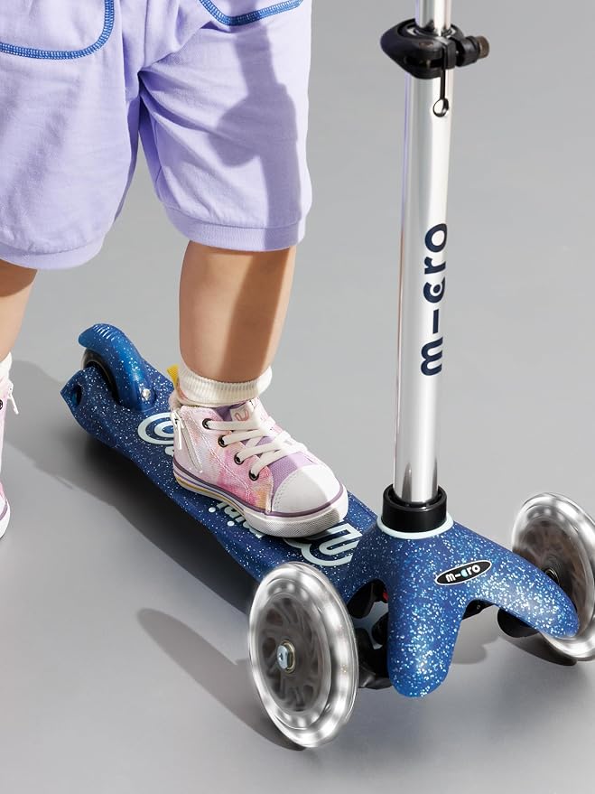 Micro Kickboard | Mini Deluxe Glitter LED Kids Scooter for Ages 2–5 | Children up to 110 lbs | 3 Wheel Lean-to-Steer Design | Adjustable T Bar | Motion-Activated PU LED Wheels | Swiss Design