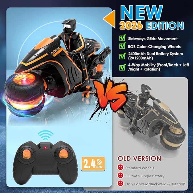 Remote Control Motorcycle with RGB Lights & Exclusive Side Glide | Ready-to-Play with 2 Batteries | 2.4GHz RC Stunt Bike Gift for Kids 5-12