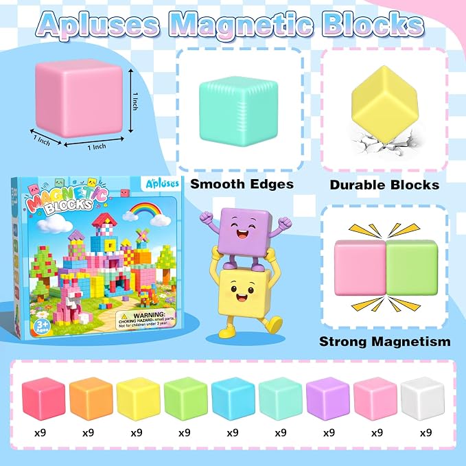 Apluses Magnetic Blocks Building Toys for 3+ Year Old Boys Girls | 1 inch, PP Plastic, Candy colors, 81pcs