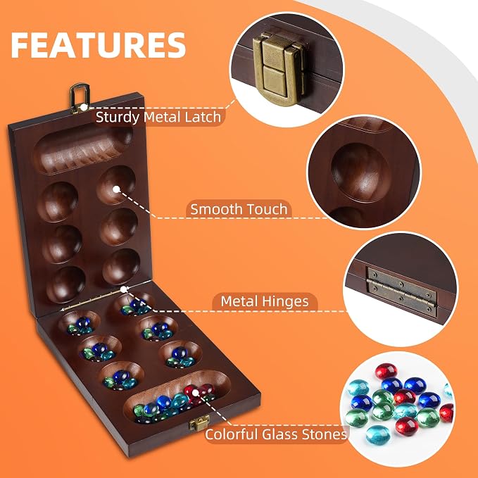 Mancala Board Game – Folding Wooden Travel Set with Locking Metal Latch | Includes 56 Colorful Glass Stones. Classic 2-Player Table Strategy Game. Great For Kids And Adults. Fun For Family Game Night
