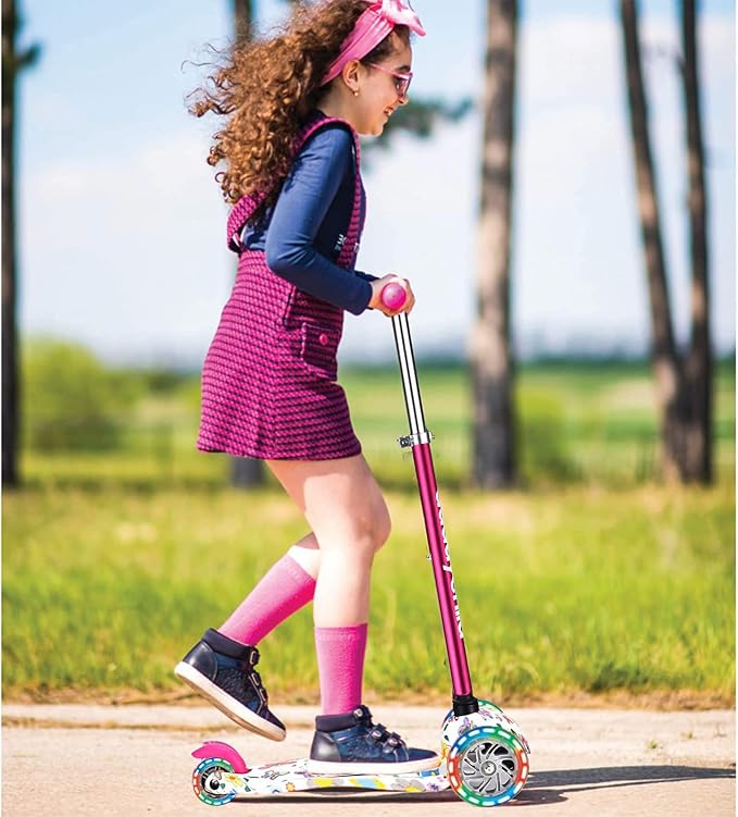 3-Wheel Kick Scooter for Kids Ages 3-8 Lean-to-Steer Toddler Scooter with Extra Wide Light Up Wheels, 4 Adjustable Heights, Foldable Scooters for Boys & Girls, Max Weight 110lbs