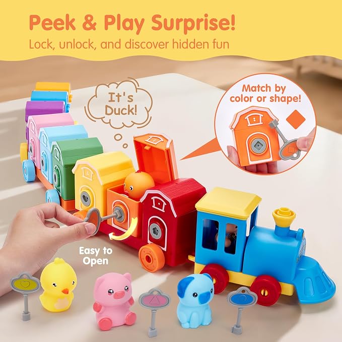hahaland Toddler Learning Toys for 2 3 Year Old-Counting Matching & Sorting Activity Montessori Train Set with Farm Animals Finger Puppets Keys to Lock and Unlock Barn Birthday Easter Basket Stuffers