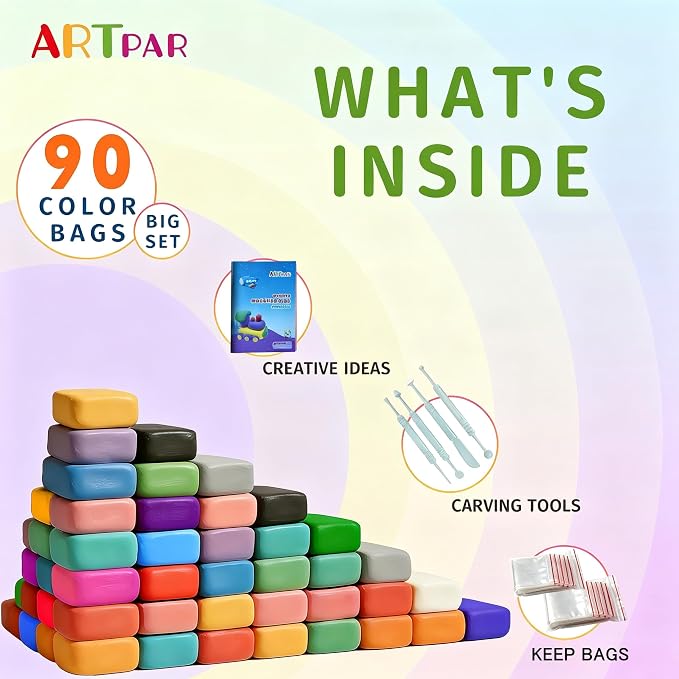 ARTPAR Air Dry Clay for Kids,90 Colors Modeling Magic Clay Set,DIY Molding Clay Starter Kit with Sculpting Tools,Soft and Non-Sticky,Art and Crafts for Boys & Girls 3-12 Years Old.