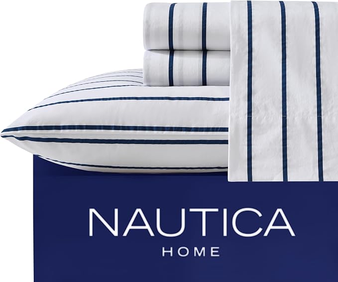 Nautica - Full Sheet Set, Cotton Percale Bedding Set, Crisp & Cool, Lightweight & Breathable (Brenton Stripe Navy Blue, Full)