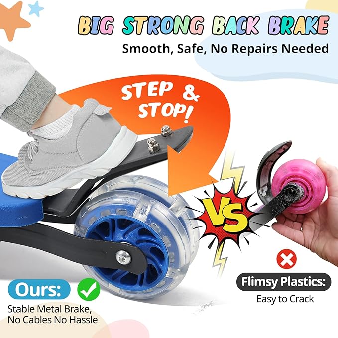3 Wheel Kids Kick Scooter for Ages 3-12, Lean-to-Steer, Light-Up Wheels, 3-Level Adjustable Handlebar 27.5”-33”, Wide Non-Slip Deck, Dual Rear Brake,Travel Foldable, for Boys & Girls Toy Gifts