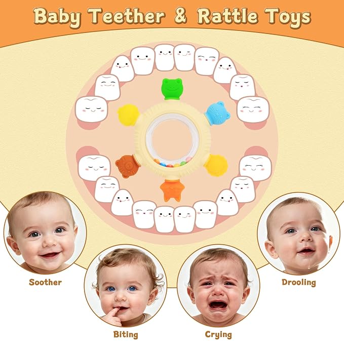 Baby Teething Rings Rattle Toys for 0-6 Months Baby Silicone Teether Relief Sooth Chew for Babies 0 3 6 9 12 Months Newborn Essentials Sensory Colorful Animal Teething Ring Infant Gift