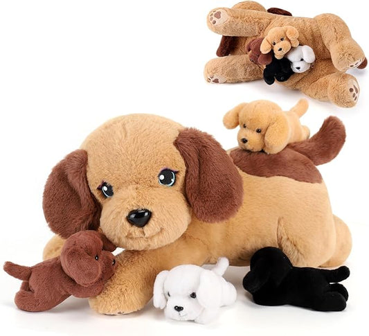 gnomantic Dog Stuffed Animals with Babies Inside, Mommy Toy for Kids | 5-Piece set: 1 mommy dog + 4 baby puppies inside. Unzip belly to reveal surprise babies. Ultra-soft, ages 3-8.