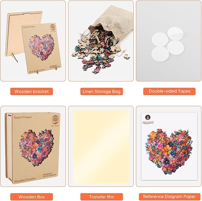 Mys Aurora Puzzles for Adults Heart Flower Wooden Puzzles, 500 Pieces Unique Shaped Jigsaw Puzzles for Adults, Fun Challenge Family Game 16.7'' x 16.2''