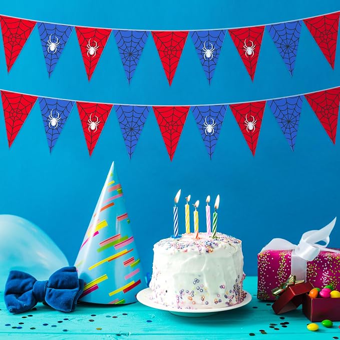 Tiamon 5 Pcs Spider Web Birthday Party Decorations Spider Theme Birthday Triangle 49.2 ft Flag Red Black Blue Pennant Banner Garland Streamer for Baby Shower Cartoon Movie Party Supply
