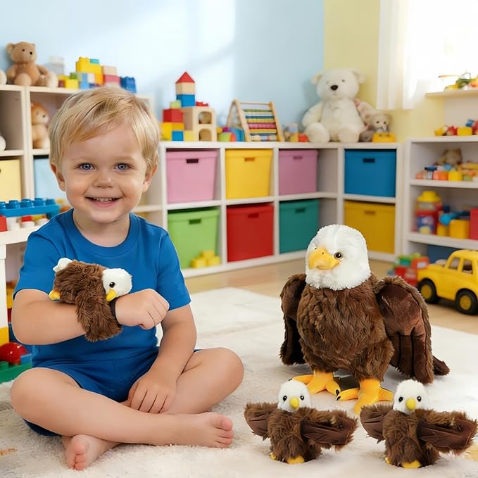 4 Pcs Bald Eagle Stuffed Animal Set 14 Inch Mommy Stuffed Eagle Plush Toy with 3 Babies, Zipper Bald Eagle Toy with Baby Eagles Plushies for Kids Boys Girls Birthday Christmas Birders Zoo Plush Gifts