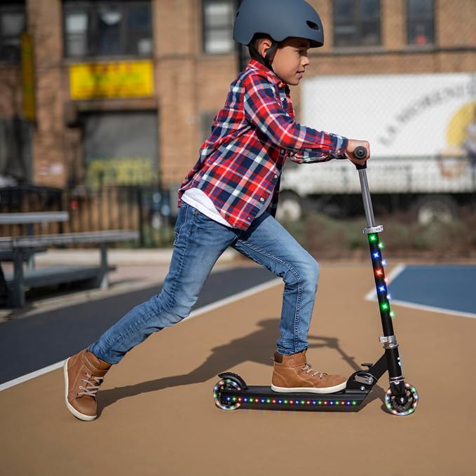 Jetson Jupiter Kids 2-Wheel Light-Up Kick Scooter, LED Lights on Handlebar, Stem, Wheels & Deck, Adjustable Handlebar, Rear Brake, Easy-Folding Mechanism, Ages 5+