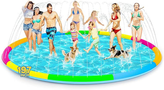 197" Extra Large Splash Pad - Non-Slip Splash Pad for Kids and Dogs Thickened Dog Pool with Sprinkler Outdoor Water Toys Giant Fountain Play Mat for Toddlers Children Adults Pets