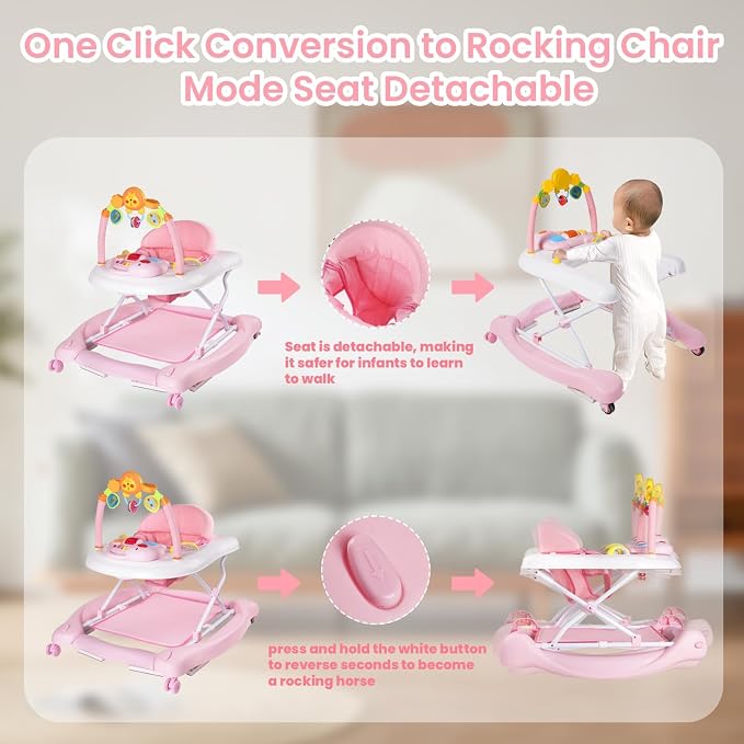 Boyro Baby 5-in-1 Baby Walker, Baby Walkers for Boys Girls 6-12 Months, Foldable Activity Walker, Toddler Infant Walker with Bouncer, Adjustable Height, Removable Footrest, Feeding Tray, Music