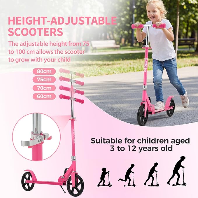 Kick Scooter for Ages 6+,Foldable Lightweight 8IN Big Wheels Scooter for Kids, Teen and Adults, 3 Adjustable Levels