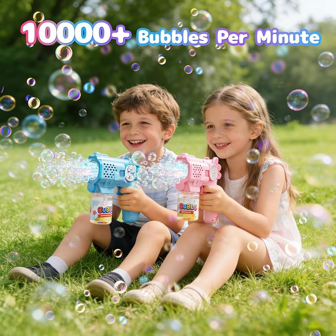 EagleStone Bubble Guns Machine for Toddlers, Automatic Light Up Bubble Blower with 4 Pre-Filled Bubble Solution, 10,000 Bubbles/Minute, Outdoor, Birthday, Easter, for Boys and Girls 3+
