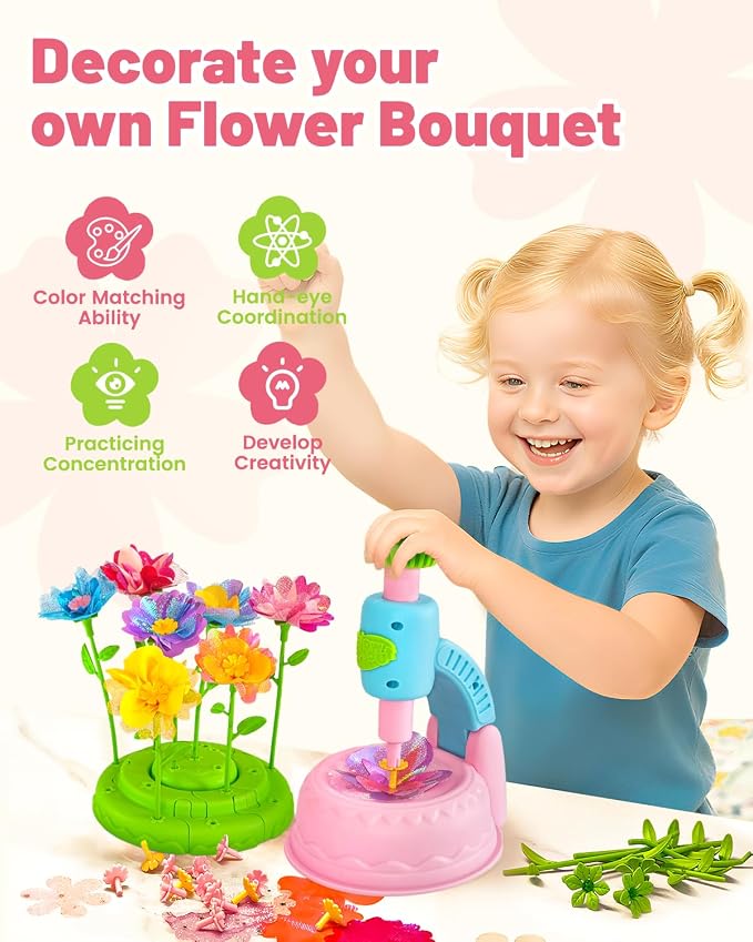 DIY Art Flower Toys Include Extra Accessories Set, Arts and Crafts Activity Kit for Kids, Flower Garden Building Toys for Girls, Birthday Gifts for 3 4 5 6 7 8 9 10 11 12 Year Old Girls (Pink)