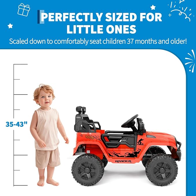 Hetoy 12V Ride on Toys with Parent Remote Control Toddler Electric Vehicle with Spring Suspension, LED Lights, Bluetooth, Music Player, 3 Speeds Ride on Car Truck for Kids Age 3-8 (Red)