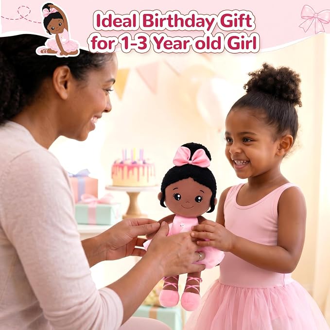 OUOZZZ 12.6" Black Soft Baby Dolls Toys for 1 Year Old Girl Gifts, African American Dolls Birthday Gifts for 1 Year Old Girl Ballerina Doll Plush Toys for Toddler