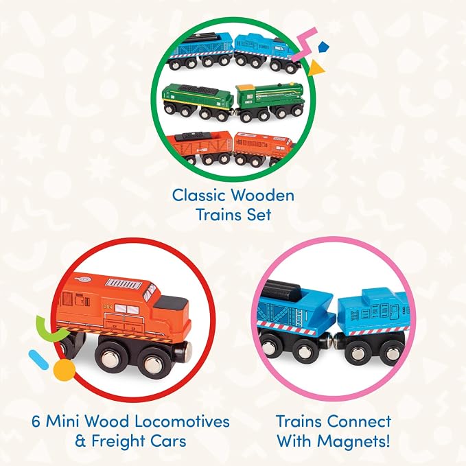 Battat – Classic Trains – 6 Pieces Wooden Railroad Set – Magnetic Toy Trains – Train Engines & Cars – 3+ Years– Wooden Locomotives & Freight Cars