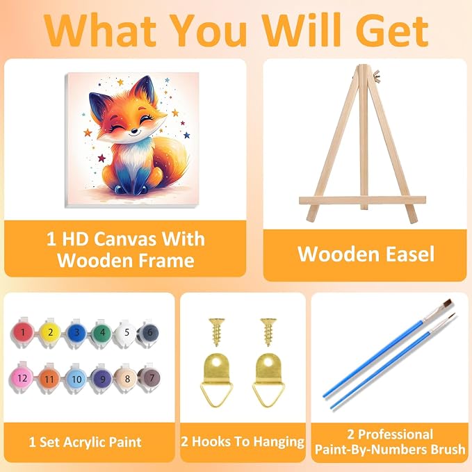 Paint by Numbers Kit for Kids with Frame, Fox Paint by Numbers for Kids Ages 4-8-12, DIY Fox Acrylic Oil Painting for Home Wall Art Decor Gift 7.8x7.8 inch (with Frame Easel)