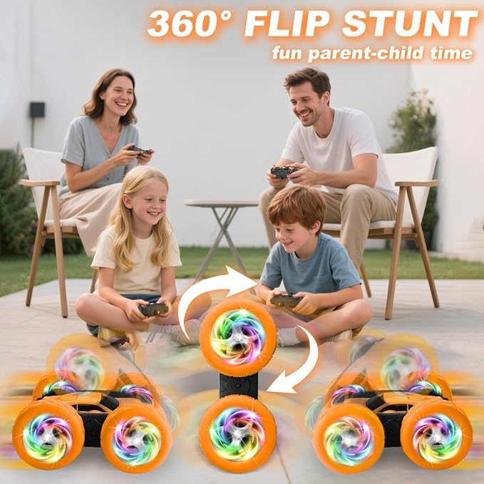 Remote Control Car, Outdoor Toys RC Cars for Kids Ages 6-12, 4WD Double Sided Stunt Vehicle with Upgraded USB-C Modular Batteries, 5 6 7 8 9 10+ Year Old Boy Birthday Orange