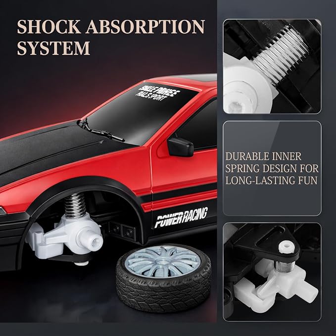 Remote Control Car RC Drift 2.4GHz 1:24 Scale 4WD 15KM/H High Speed Model Vehicle with LED Lights Drifting Tire Racing Sport Toy for Adults Boys Girls Kids Gift 2Pcs Rechargeable Batteries