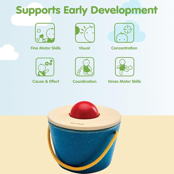 PlanToys® Pop 'N' Drop Bucket | Wooden Object Permanence Toy for Babies 6M+ | Montessori Interactive Ball Dropping Toy with Lid | Develops Hand-Eye Coordination, Motor Skills & Cause-&-Effect Learning