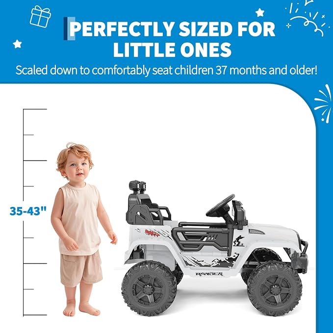 Hetoy 12V Ride on Toys with Parent Remote Control Toddler Electric Vehicle with Spring Suspension, LED Lights, Bluetooth, Music Player, 3 Speeds Ride on Car Truck for Kids Age 3-8 (White)