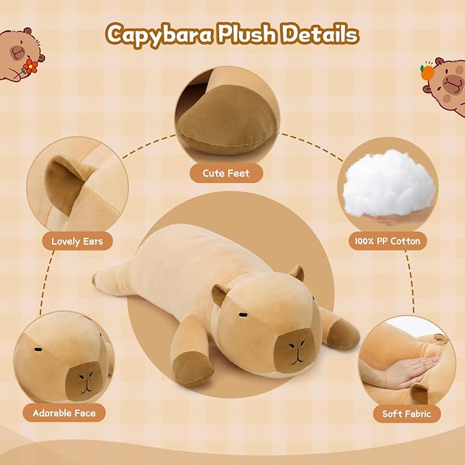 MorisMos 43.3" Long Capybara Plush Body Pillow, Capybara Stuffed Animal, Cute Capybara Pillow Plushie, Sleeping Body Pillow for Cuddling, Perfect Christmas Valentine's Birthday Gift for Kids & Adults