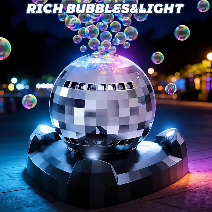 Bubble Machine, Automatic Bubble Blower Maker with 360° Rotating Turntable and LED Lights, Disco Ball Bubble Machine Summer Kids Toys for Weddings Birthdays Party Indoor Outdoor Backyard Camping