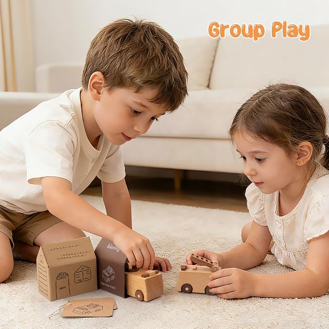 Wooden Toy Cars for 3 Year Old Boys & Girls - Construction Vehicles Set Push Toys for Toddlers, Wood Montessori Car with Rolling Wheels, Natural Wood Toys (Ladder Truck & Fire Truck)