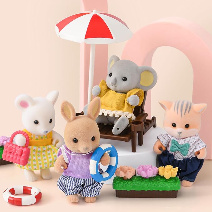 TUZT Doll House with 45 Pcs Furniture and Accessories, 3-Story with 4 Animal Dolls, Food Cooking Set, Warm Lights, Pool Slide and Movable Elevator, Pretend Play Dream Dollhouse for Girls 3+