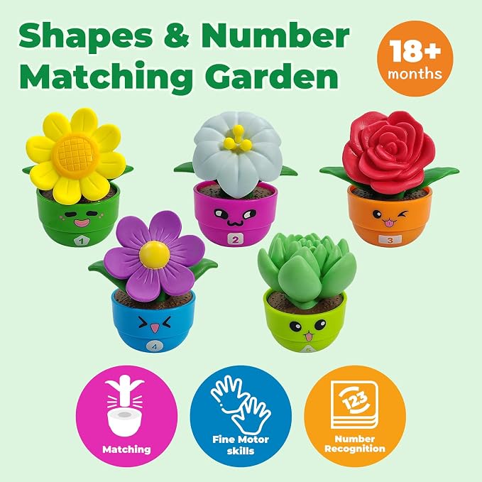 Montessori Flower Garden Building Toy for Girls & Boys, Toddler Gardening Set with 5 Shape & Number Flowers, Preschool Learning Matching & Stacking Game, Sensory Toys Gifts for 1 2 3 Year Old