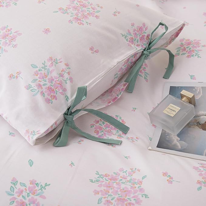 Aesthetic Floral Comforter Set Twin XL, 3 Pieces Pink White Cottagecore Comforter Floral Bedding Set, Lightweight Vintage Botanical Flowers Comforter with 2 Bow Ties Pillowcases for Girls Women