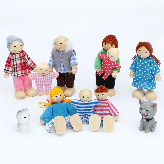 ONEST 11 Pieces Wooden Dollhouse Family Set Mini People Figures Sets Dollhouse Dolls Wooden Doll Family Pretend Play Figures Accessories for Pretend Dollhouses