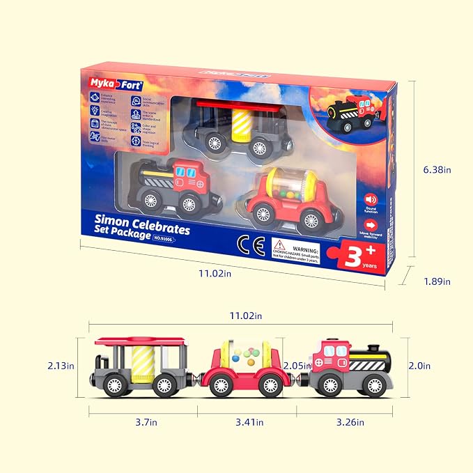 SteamBuilder Battery Powered Train for Wooden Tracks – Red Classic Steam Locomotive with 3 Magnetic Cars – Lights & Sounds – Compatible with Brio, Thomas – Train Toys for Toddlers Ages 3+