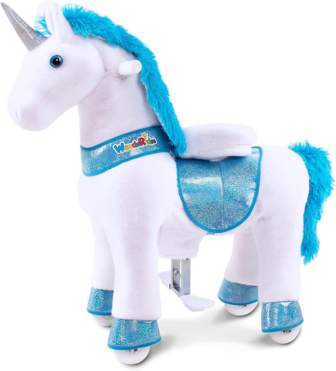 WondeRides Ride on Horse Pony Unicorn Riding Horse Toys Pony Rider Rocking Horse, 30.1 inch Height Plush Walking Animal Mechanical Rocking Horse with Wheels (Blue-White, Size 3 for Age 3-5) M331-1