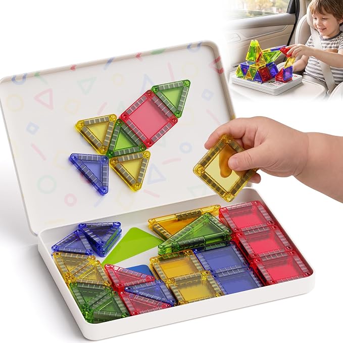 Mini Magnetic Tiles for Kids Travel: 40 PCS Cartoon Tin Box Magnet Building Blocks to Stop Crying - 60 Mins Quiet Play 30s Cleanup - Birthday Gift Boys Girls Age 3-8