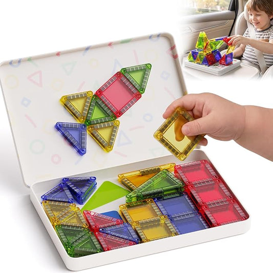 Mini Magnetic Tiles for Kids Travel: 40 PCS Cartoon Tin Box Magnet Building Blocks to Stop Crying - 60 Mins Quiet Play 30s Cleanup - Birthday Gift Boys Girls Age 3-8