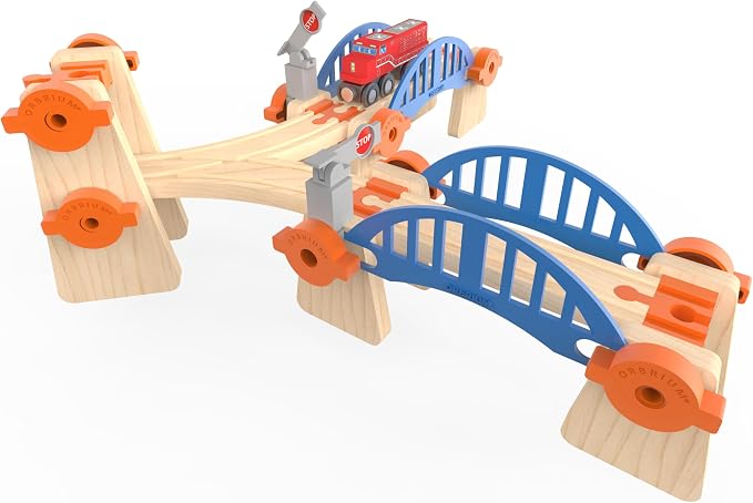 Wooden Train Track Accessories Build & Play Construction Set 90 PCS Ultimate Elevated Railway STEM Toys Track Expansion Pack Ascending Tracks Risers Bridges Tunnel Stop Go Gate Compatible Thomas Brio