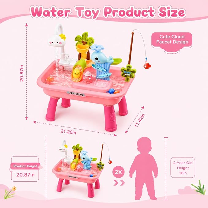 2026 Upgraded Toddler Sand Water Table Toy with Electric Water Pump, Kids Sand Water with Faucet/Play Food Accessories/Fishing Toy, Kitchen Play Sink Toys for Girl Boy Age 3+ (Pink)