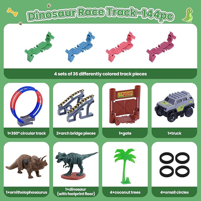 144 PCS Race Tracks Dinosaur Toys for Kids 3-5, Glow in The Dark Magic Toy Set, Flexible DIY Track Set, Birthday Gift for Age 3-9 Boys Toddler Girls,Create a Dinosaur Adventure World