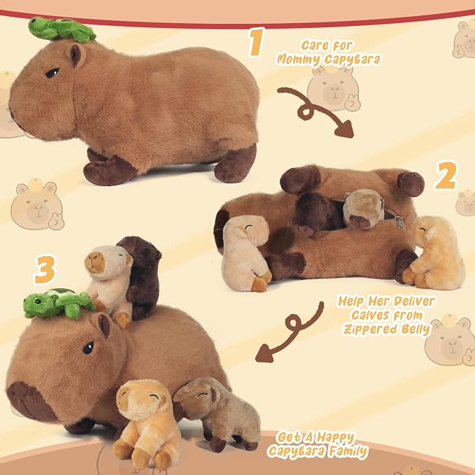 5 in 1 Capybara Plush, 14.2" Capybara Stuffed Animal with Babies Inside, Mommy Stuffed Capybara Plushies Pillow Toys with 4 Baby Capibaras Peluches for Kids Christmas Birthday Gifts Party Favors