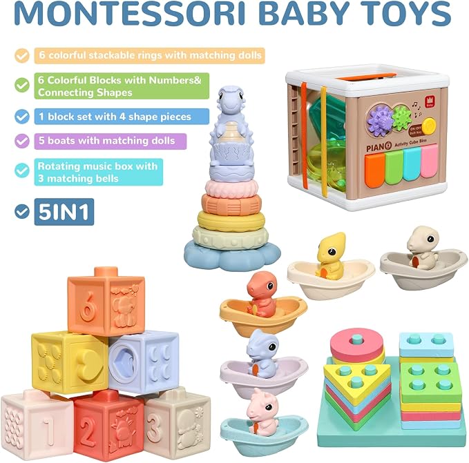 Baby Montessori Toys 6-12 Months, 5 in 1 Sensory Learning Set with Stacking Blocks, Shape Sorter, Bath Toys, Activity Cube, Dinosaur Stacker Educational Toddler Gifts for Boys Girls