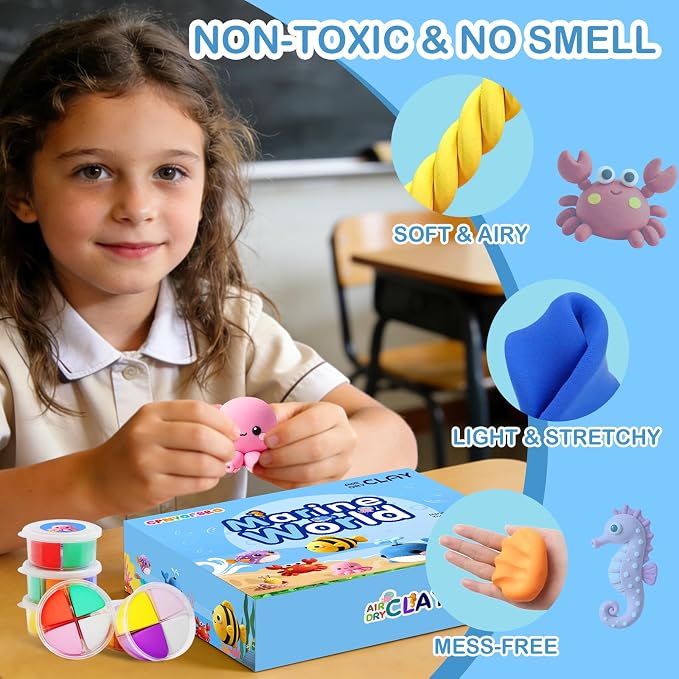 Air Dry Clay Kit - 12 Marine Animal Modeling Clay for Kids, Complete DIY Clay Craft Set with Sculpting Tools & Step-by-Step Tutorials, Ultra Soft & Non-Sticky Clay, Children's Day Gift Ideas