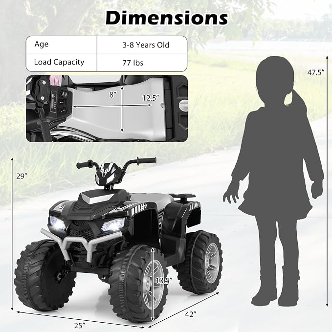 Costzon Kids ATV, 24V Four Wheeler Quad Ride on Car w/Forward/Backward, 2 Speeds, Wireless Connection, Music, Radio, LED Lights, Electric Vehicle Toddler 4 Wheeler for Kids, Boys & Girls 3-8 (Black)